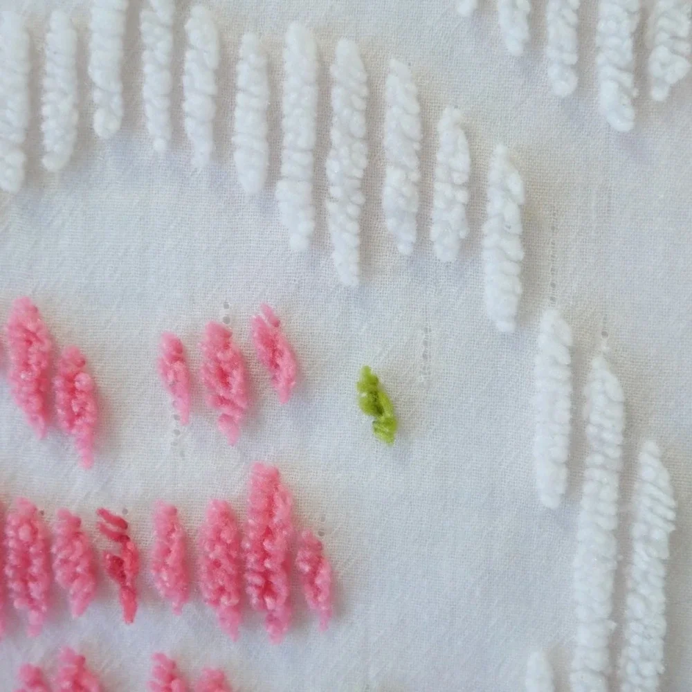 Vintage White Chenille Bedspread Pink Green Floral Tufted Fringe Twin 99x71